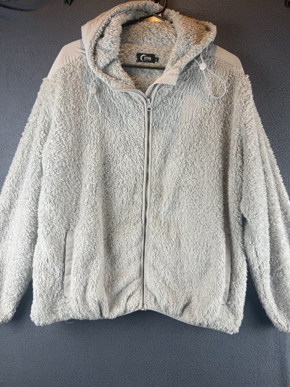 Zyia Active Womens Sherpa Jacket Fleece Athletic Full Zip Gray Hooded Large